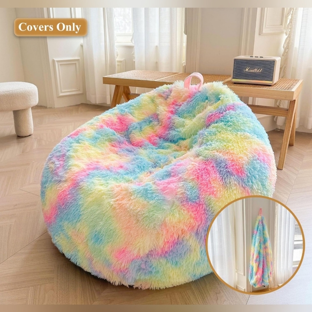 Faux Fur Rainbow Bean Bag Chair (Cover) Tie Dye Fluffy and Super Soft